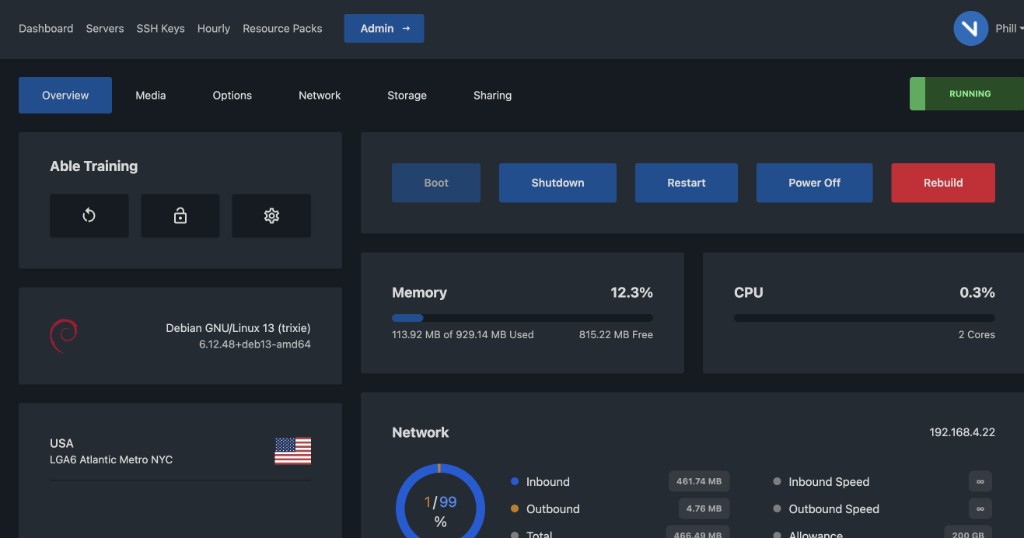 VPS control panel — server overview with power controls and resource metrics